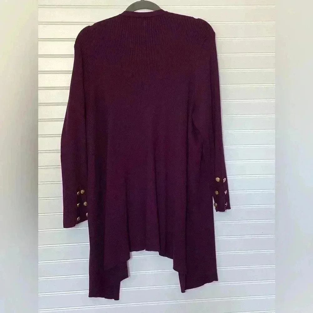 Roz&Ali Womens 3X Plum Purple Open Lon Sleeve Cardigan Ribbed knit Golden Button